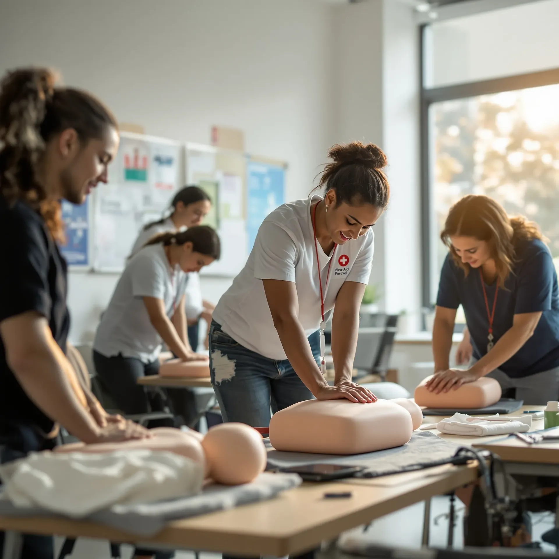 Erste Hilfe Kurs Stuttgart - Praktisches Training Erste Hilfe Training Kurs mit Teilnehmern bei der praktischen Übung von Wiederbelebungsmaßnahmen